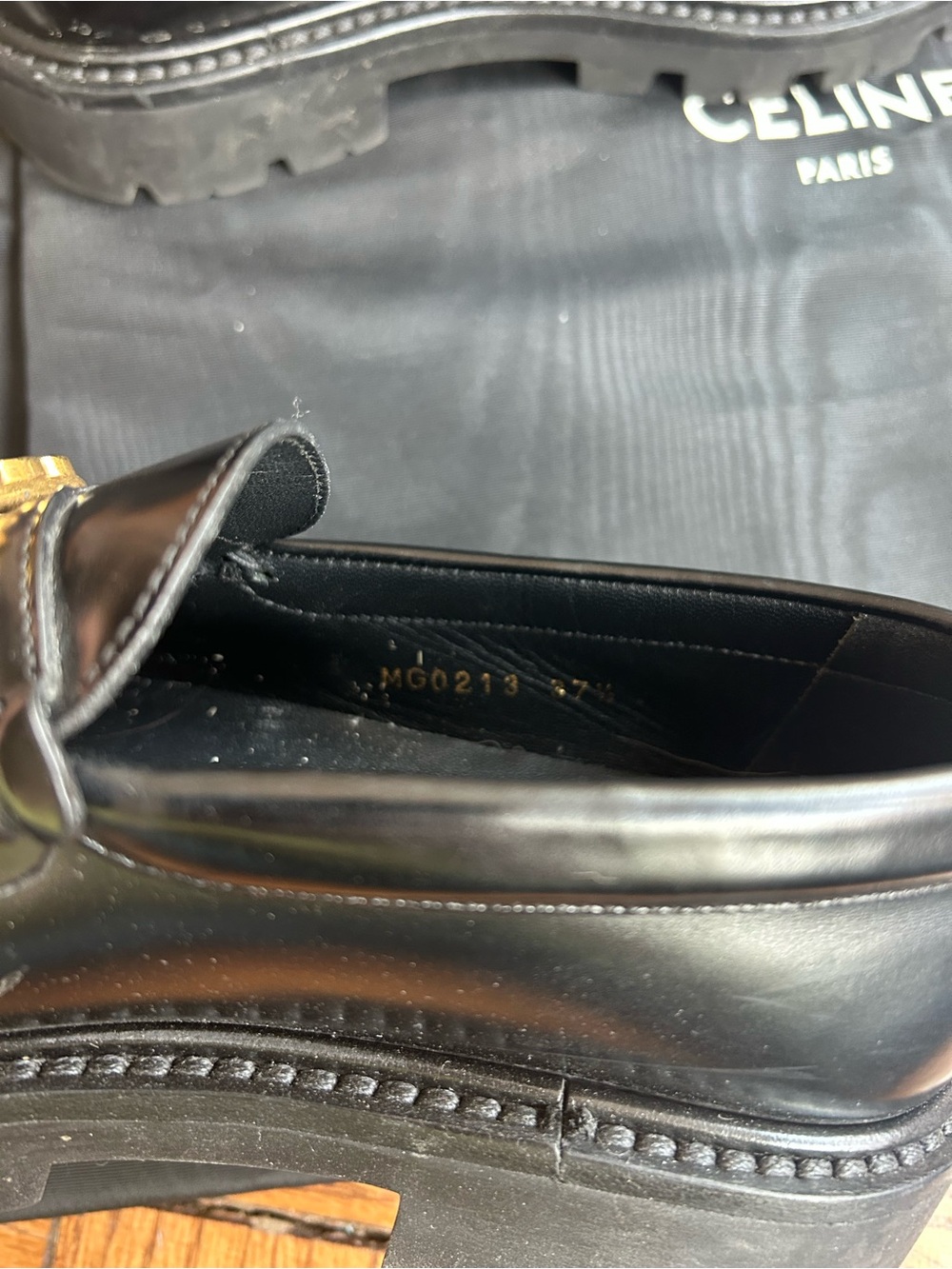 Celine Black Leather Fringe Loafers with Gold Chain Accent - Picture 4 of 9
